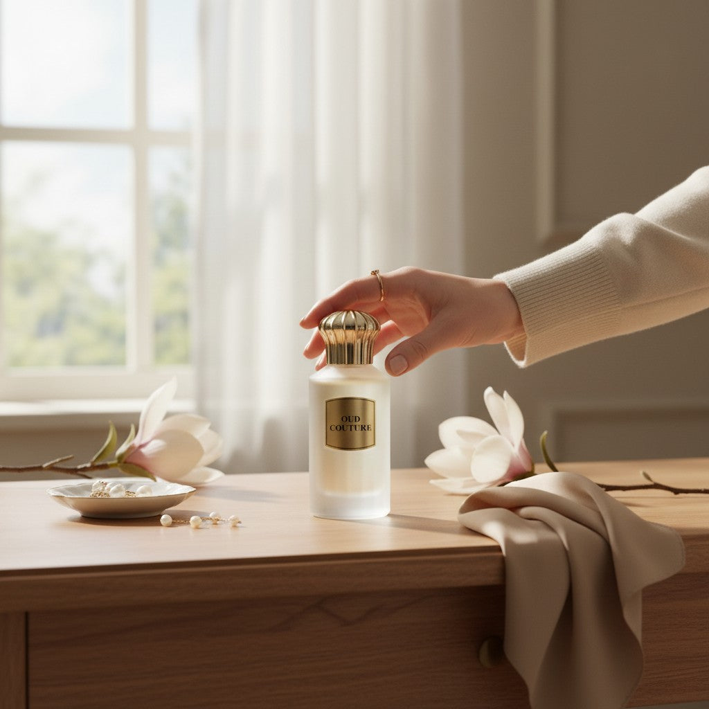 Oud Sera Ahmed Al Maghribi Oud Couture 100ml perfume bottle with gold cap on a wooden table with white flowers
