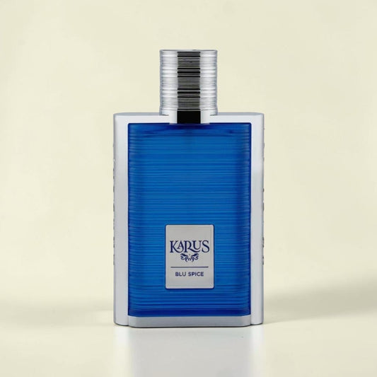 Oud Sera Khadlaj Karus Blu Spice perfume in a sleek rectangular blue glass bottle with silver accents.