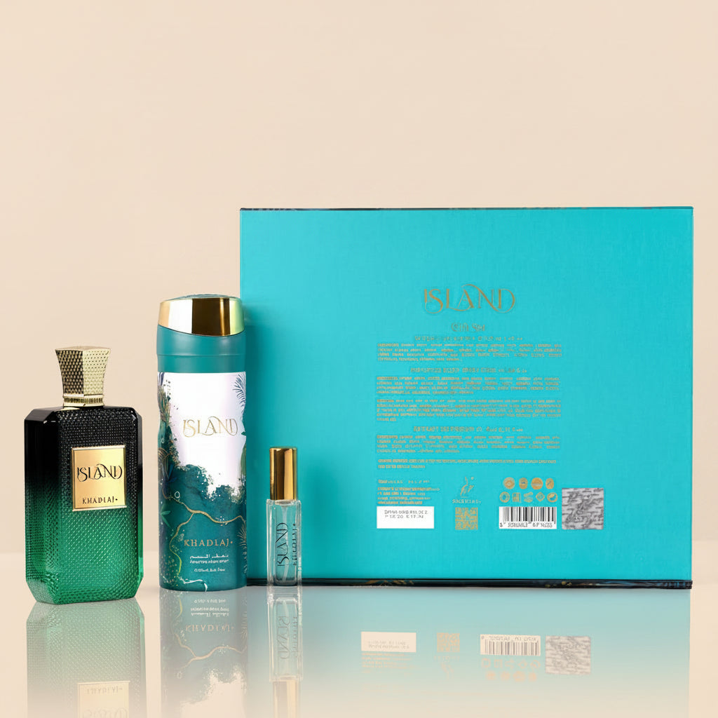 KHADLAJ ISLAND GIFT SET FOR HIM & HER (EDP 100 ML, BODY SPRAY & TRAVEL SIZE EDP 8 ML) - Khadlaj Perfumes