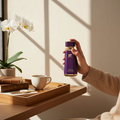 Oud Sera French Avenue Cocoa Morado unisex perfume bottle in a purple glass flacon held by a hand in a cozy setting