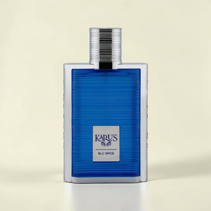 Oud Sera Khadlaj Karus Blu Spice perfume in a sleek rectangular blue glass bottle with silver accents.