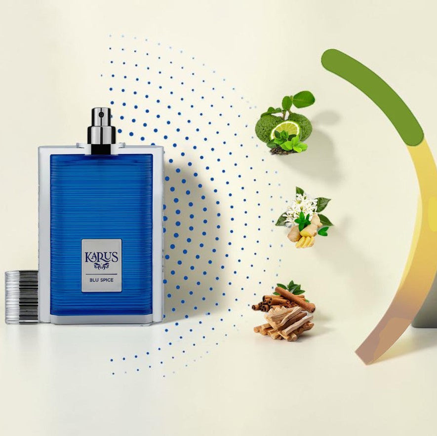 Oud Sera Khadlaj Karus Blu Spice perfume bottle with tea, bergamot, neroli, ginger, and cinnamon scent note illustrations