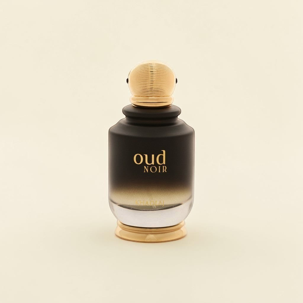 Oud Sera Khadlaj Oud Noir 100ml perfume bottle with a black gradient glass finish and gold cap