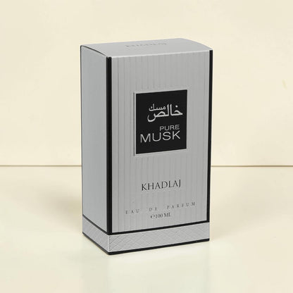 Oud Sera Khadlaj Pure Musk eau de parfum 100ml bottle in a sleek silver and black rectangular box