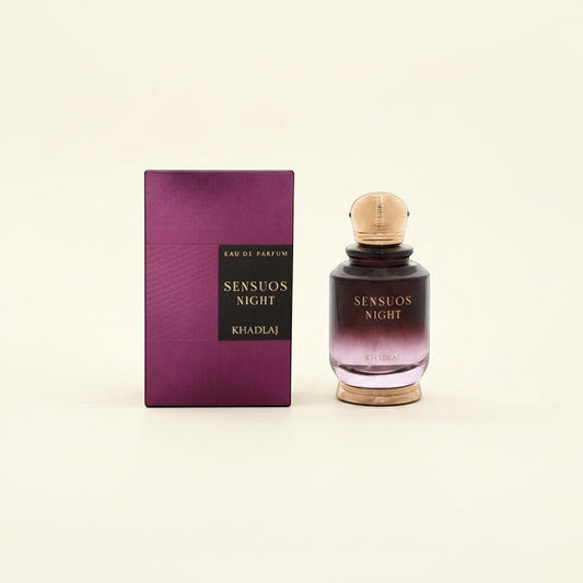 Oud Sera Khadlaj Sensuos Night eau de parfum 100ml in a deep purple bottle with gold cap and matching gift box