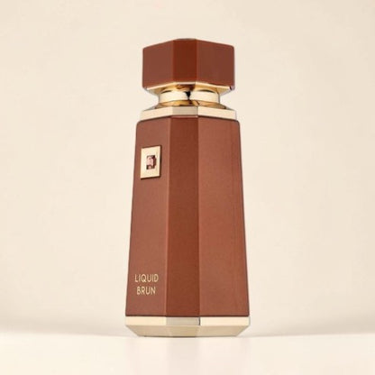 Oud Sera French Avenue Liquid Brun unisex Eau de Parfum in a sleek brown hexagonal bottle with gold accents.